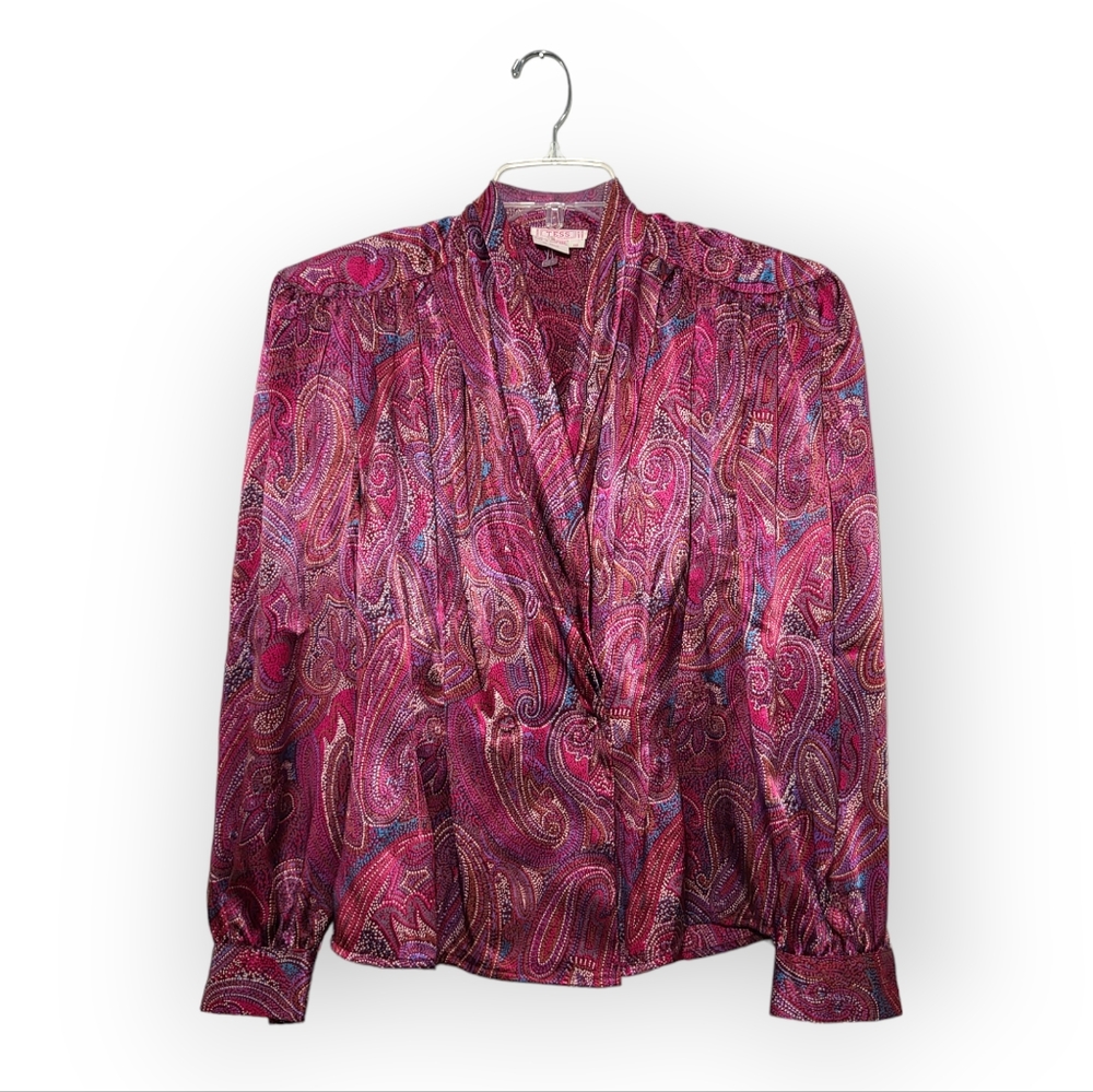 TESS Paris Milano Vintage Pink Paisley Wrap Front 2 Button Top Sz 10